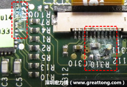 電路板疑似腐蝕氧化，懷疑電流異常過熱造成