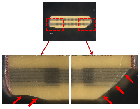 從破裂的現(xiàn)象與電容廠商切片的照片看來，破裂的痕跡從端接處以斜角裂開，電容零件的確像是機械外應(yīng)力所造成的破裂。