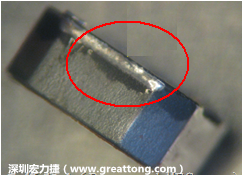 使用錫(Sn)鍍層的電源電感器(Power Inductors)，經(jīng)過推力測試后，其焊點還保留在零件的端點上，所以推力比較高。