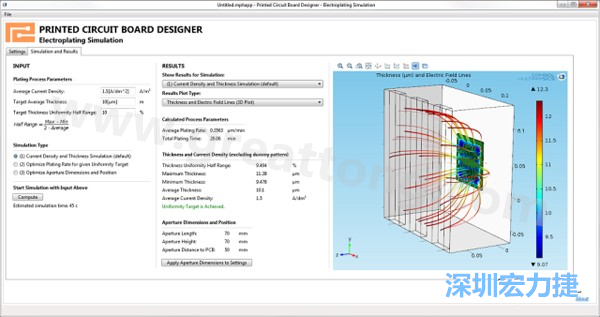 電鍍App的用戶界面。它支持PCB板設計人員上傳不同的設計，修改電鍍槽尺寸，以及加入特定尺寸的孔隙(可選)-深圳宏力捷