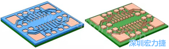 銅被電鍍在導電種子層之上，從而填滿了PCB板上的圖形化光刻膠腔體(左)。清除光刻膠，蝕刻暴露出的種子層以分隔開不同的銅線(右)-深圳宏力捷