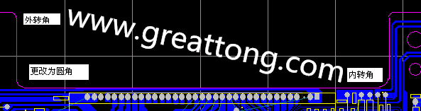 PCB設(shè)計(jì)時(shí)單面板的轉(zhuǎn)角都需為圓角，R1.0mm或R2.0mm為宜。