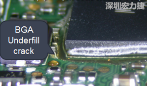 下面兩張照片就顯示既使添加了底部填充膠underfill，經(jīng)過摔落后還是發(fā)生BGA錫球破裂的問題，因為連Underfill膠都裂開了。