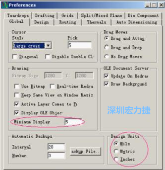 改單位Global→Design Units；改最小顯示線寬Global→Drawing