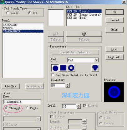 分析文件完成后，點擊菜單Setup→Pad Stacks調(diào)出焊盤堆設(shè)置窗口，將Pad Stack Type改為Via