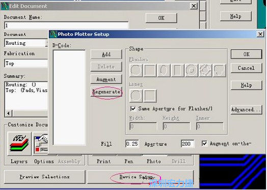 當Gerber和鉆孔都設(shè)置完后，選擇一貼片元件較多的層（一般為Top層），點擊Device SetupPhoto，將 Plotter Setup窗口D-Code欄原有的D碼刪除并按Regenerate重新生成