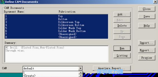 回到Dsfine CAM Documents窗口 ，將所有須輸出的文件用鼠標拉住選擇，按Run輸出，默認輸出路徑是安裝目錄的\CAM\default，也可按CAM的Create更改
