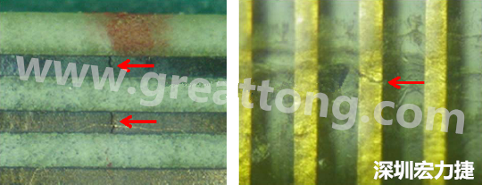 一旦找到確切的銅箔線路斷裂位置，如果還是無法觀察到斷裂的現(xiàn)象，就試著在顯微鏡下彎曲該位置的軟板，這樣就可以突顯并放大斷裂銅箔的開口了。 