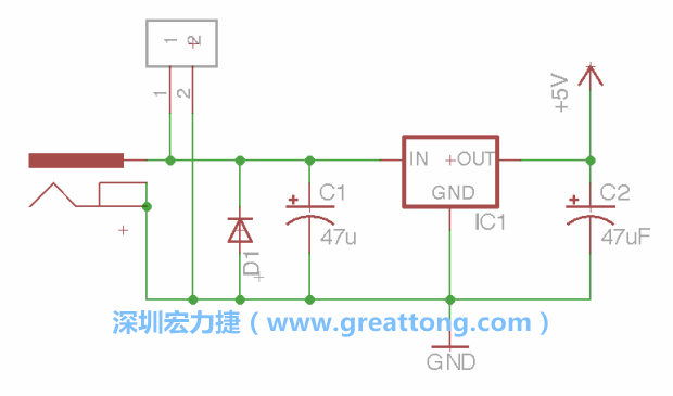 2.5.    新增一個(gè)二極體，它會(huì)以水平的狀態(tài)出現(xiàn)在屏幕上，請(qǐng)使用「旋轉(zhuǎn)（Rotate）」工具把它負(fù)極那一面朝上，并且用「網(wǎng)絡(luò)連接」工具將它連接在電壓調(diào)整器的輸入端和接地端之間。