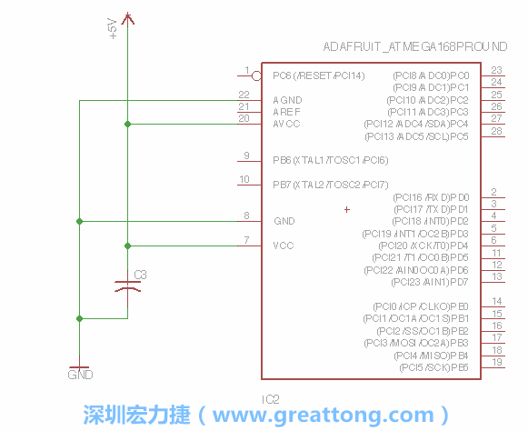 3.1.    新增微控制器晶片（RBBB → ATmega），把它放在電路原理圖的中央附近，把它的兩個(gè)接地接頭連接到接地訊號(hào)端。