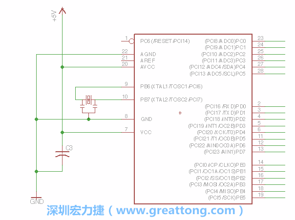 3.2.    在靠近ATmega的電源供應(yīng)針腳7的位置放置一個(gè)0.1μF的電容，將它分別連接電源、接地端和針腳7。