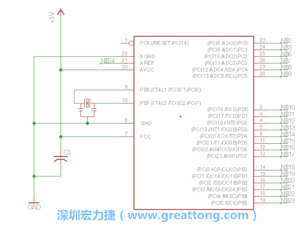 3.3.    將共鳴器（resonator）放置在針腳9和針腳10附近，將它的三個(gè)針腳連接如圖所示，并確認(rèn)最中間的針腳有連到接地端。
