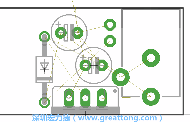 如同第一篇的步驟，我們將從電源迴路開始著手，移動電源插座（Power Jack）、電壓調(diào)整器、二極體、兩個電容和輔助接頭JP1到如上圖所示的位置。