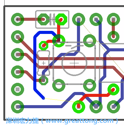要在電路板正面進(jìn)行+5V信號線連結(jié)和其他連結(jié)點的布線工作是非常容易的，而重置信號線（信號線用來連結(jié)電路板正面左邊的重置開關(guān)）需要經(jīng)過一個可以通過電路板正反兩面的電路通道，這個通道是一個可以讓電路板正反兩面線路連接的一個小孔。