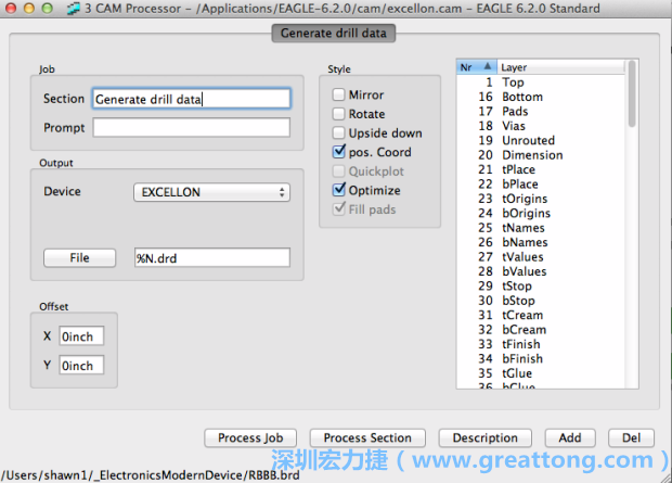 打開「excellon.cam」的工作項(xiàng)目并建立drill文件（副檔名為「.dri」和「.drd」），之后你只會(huì)用到「.drd」的文件檔；「.dri」的文件只是解釋用資料（所謂后設(shè)資料）而已。