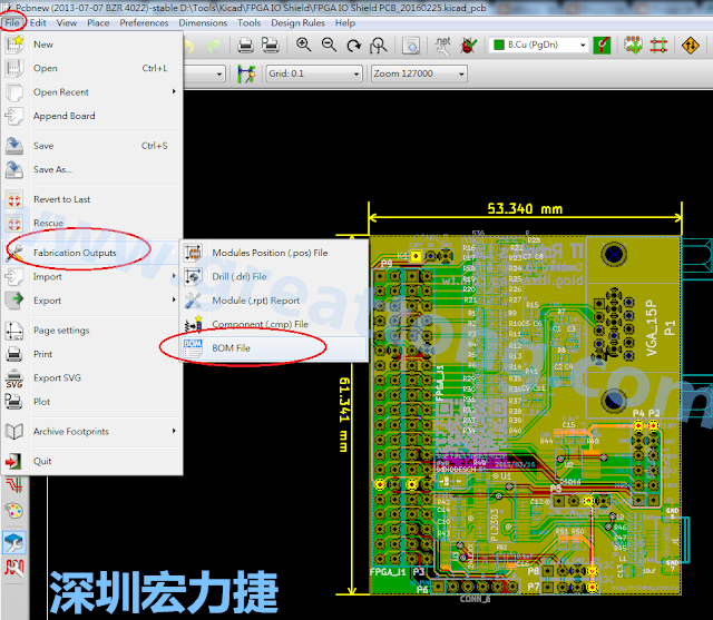 在Kicad的PCB Editor, 點選 File->Fabrication Outputs->BOM File, 即可產(chǎn)生一個 .csv 的Excel 檔案。