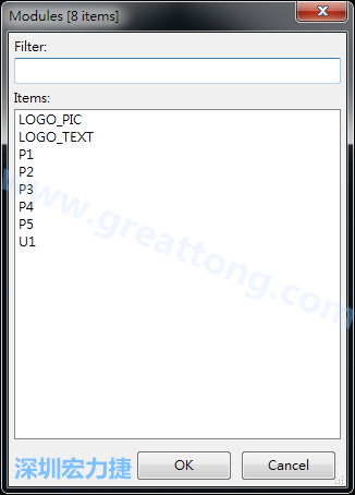 從目前正在編輯的PCB載入Module， 會(huì)顯示有那些項(xiàng)目可載入。點(diǎn)選一個(gè)， OK后即完成載入
