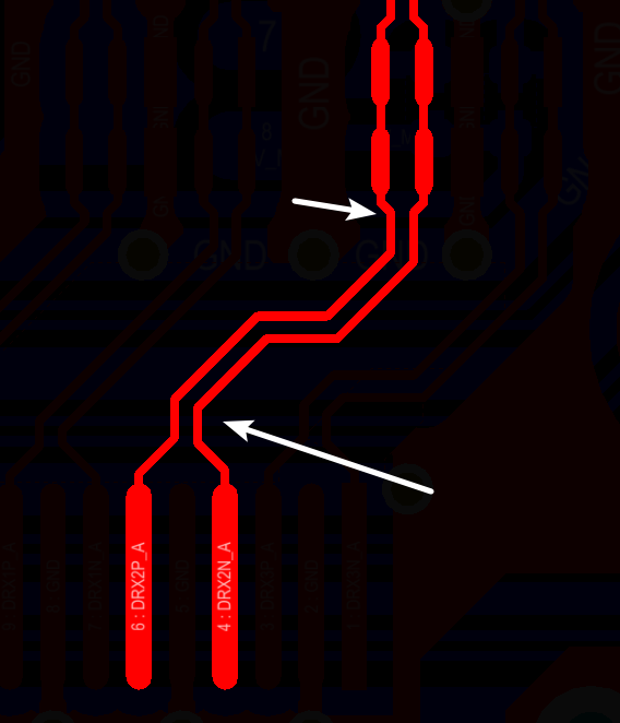 相應(yīng)的要對差分對不匹配的情況作出補(bǔ)償，使其線長匹配，長度差通?？刂圃?mil以內(nèi)
