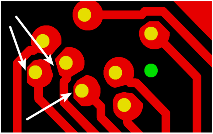 按源文件文件數(shù)據(jù)計算，孔邊緣到線邊緣6mil，孔環(huán)4mil，環(huán)到線只有2mil，保證環(huán)到線之間有3mil的安全間距需削1mil焊環(huán)，削后焊盤只有3mil