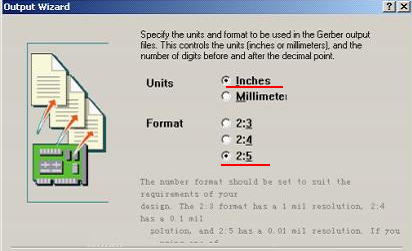 在上圖中選擇“Inches 2：5”，以確保資料精度，反之線寬、線距或孔有偏移現(xiàn)象