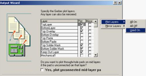 按“Next”，點(diǎn)擊“Menu”將Plot Layers置為Used On，Mirror Layers置為All Off后按“Next”